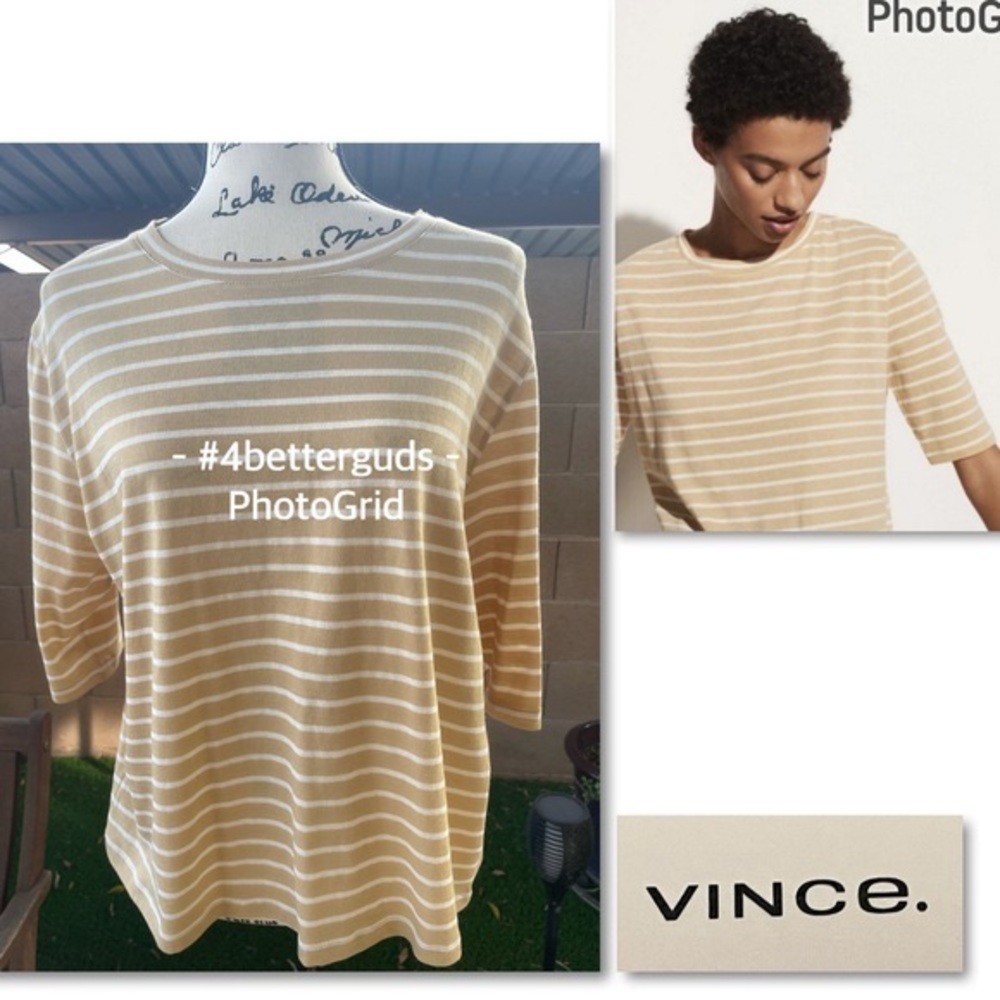 NEW Vince. Stripe 100% Cotton Scoop Neck 3/4 Length Sleeve Essential Shirt XL